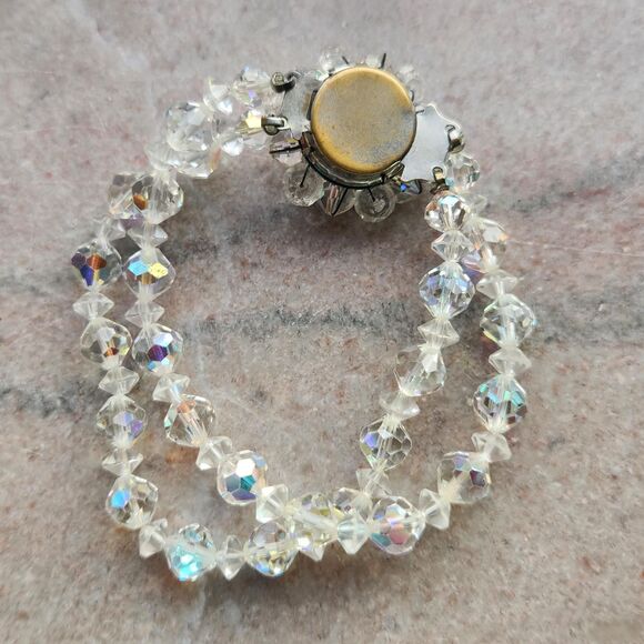 Bracelet & Dangle Earrings Set AB Crystal Bead Double Strand Wedding VTG Jewelry - Picture 7 of 13